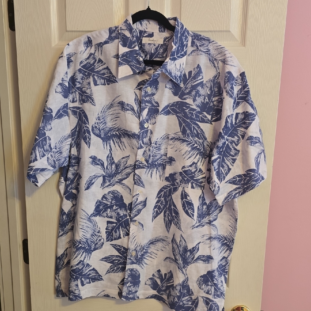 Men's Blue and White Leaf Print Casual Shirt‎